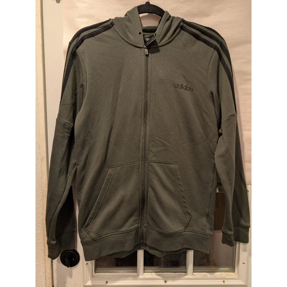 Adidas Full Zip Hoodie Olive Green 3 Stripe Jacket Casual Mens Medium 0180‎